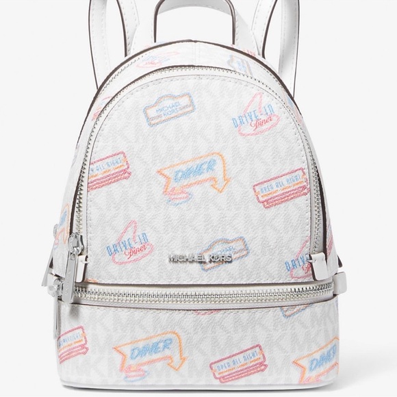 Michael Kors Rhea Extra-Small Printed Signature Logo Backpack Optic White - Picture 1 of 10